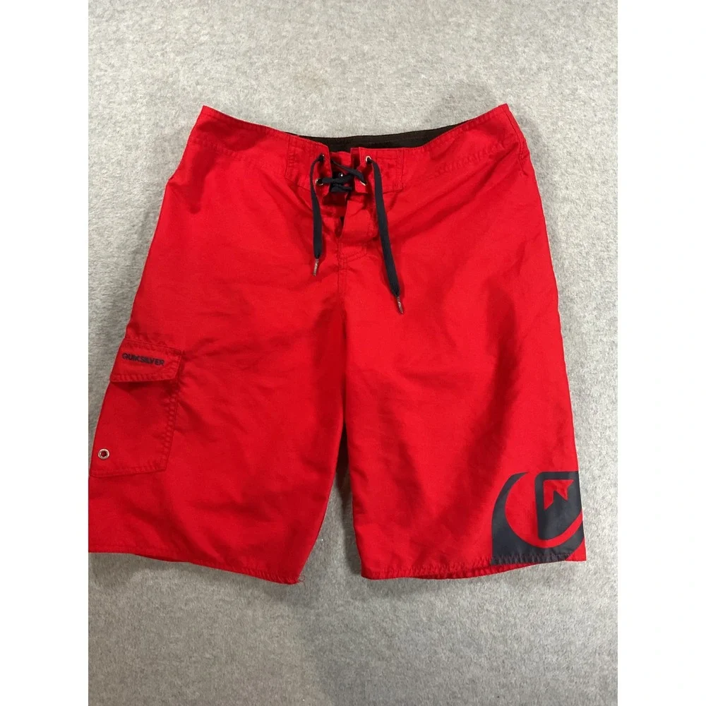 Quiksilver Mens Red Board Shorts Cargo Pocket Swim Trunks Size 31 Logo Surf 2403
